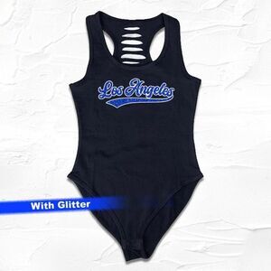 Womens Handmade Black/Blue Glitter Los Angeles City Bodysuit, Dodger Fan